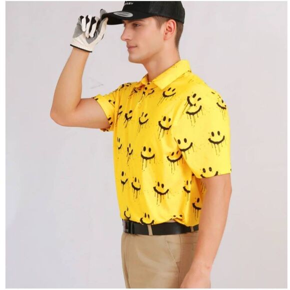 Suntasy Dry Fit Polo Golf Shirt,Yellow and Black Smiley Face Prt., NEW, Small - Picture 4 of 6